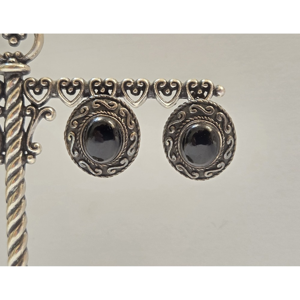 Vintage Oxidized Sterling Silver Black Onyx Oval Drop Post Earrings